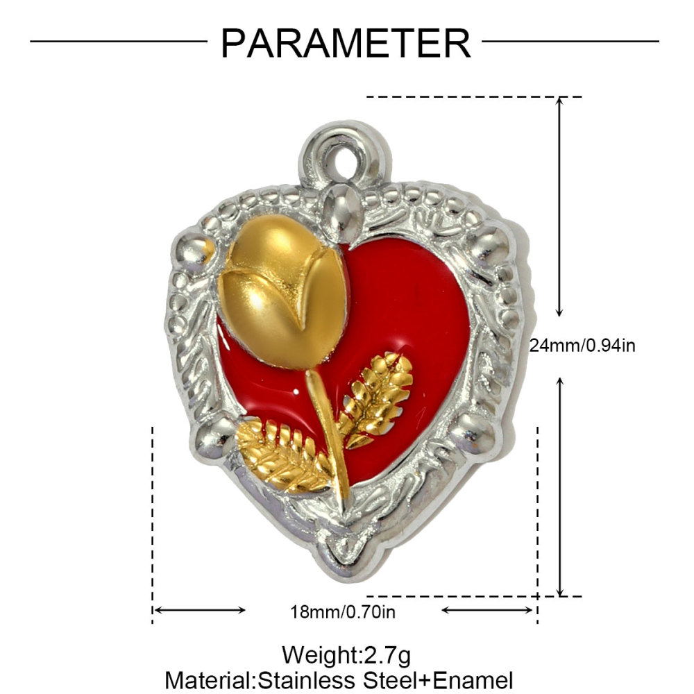 6pcs/pack French Two Tone Stainless Steel Rose Love Heart Necklace Pendants Enamel Flower DIY Earrings Charms Women Daisy Jewelry
