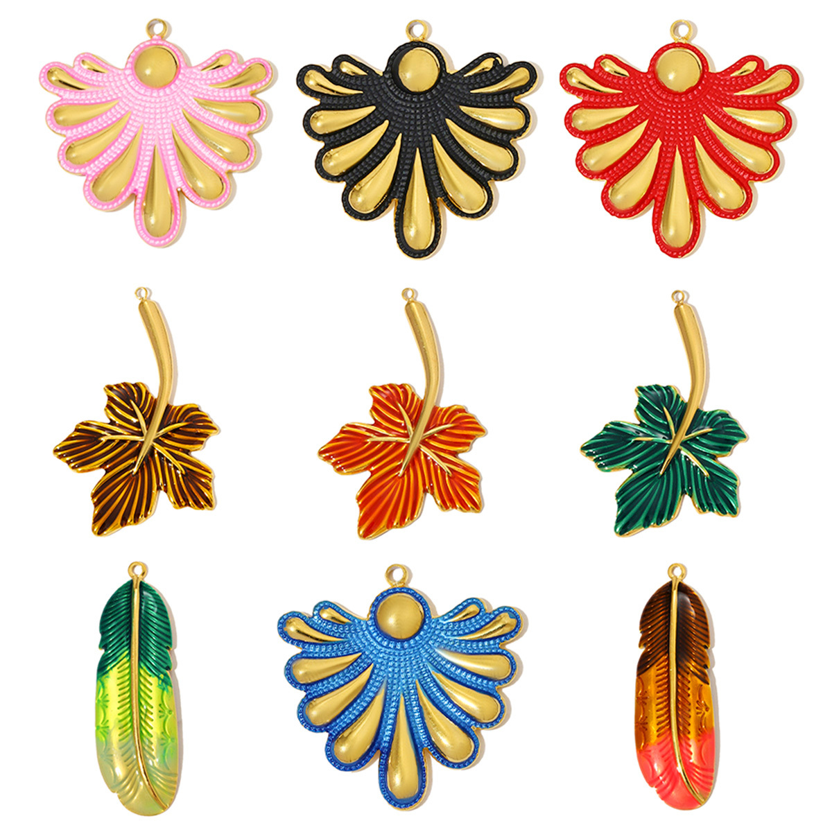 6pcs/pack Large Stainless Steel Enamel Sector Fireworks Necklace Pendants Maple Leaf DIY Earrings Charms Women Feather Jewelry