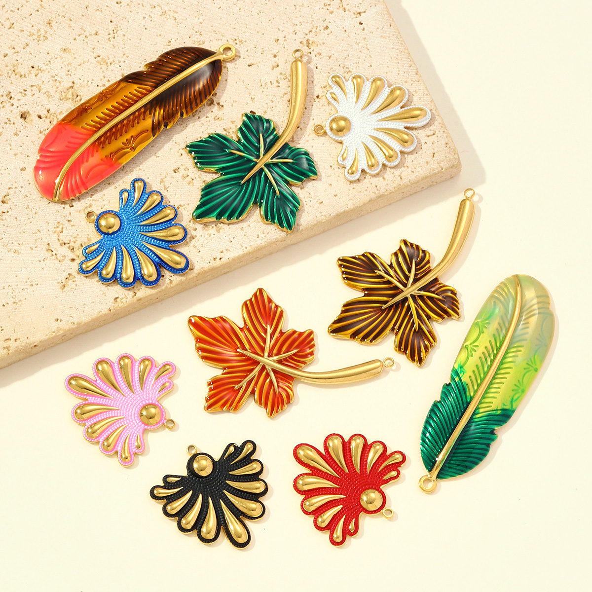 6pcs/pack Large Stainless Steel Enamel Sector Fireworks Necklace Pendants Maple Leaf DIY Earrings Charms Women Feather Jewelry