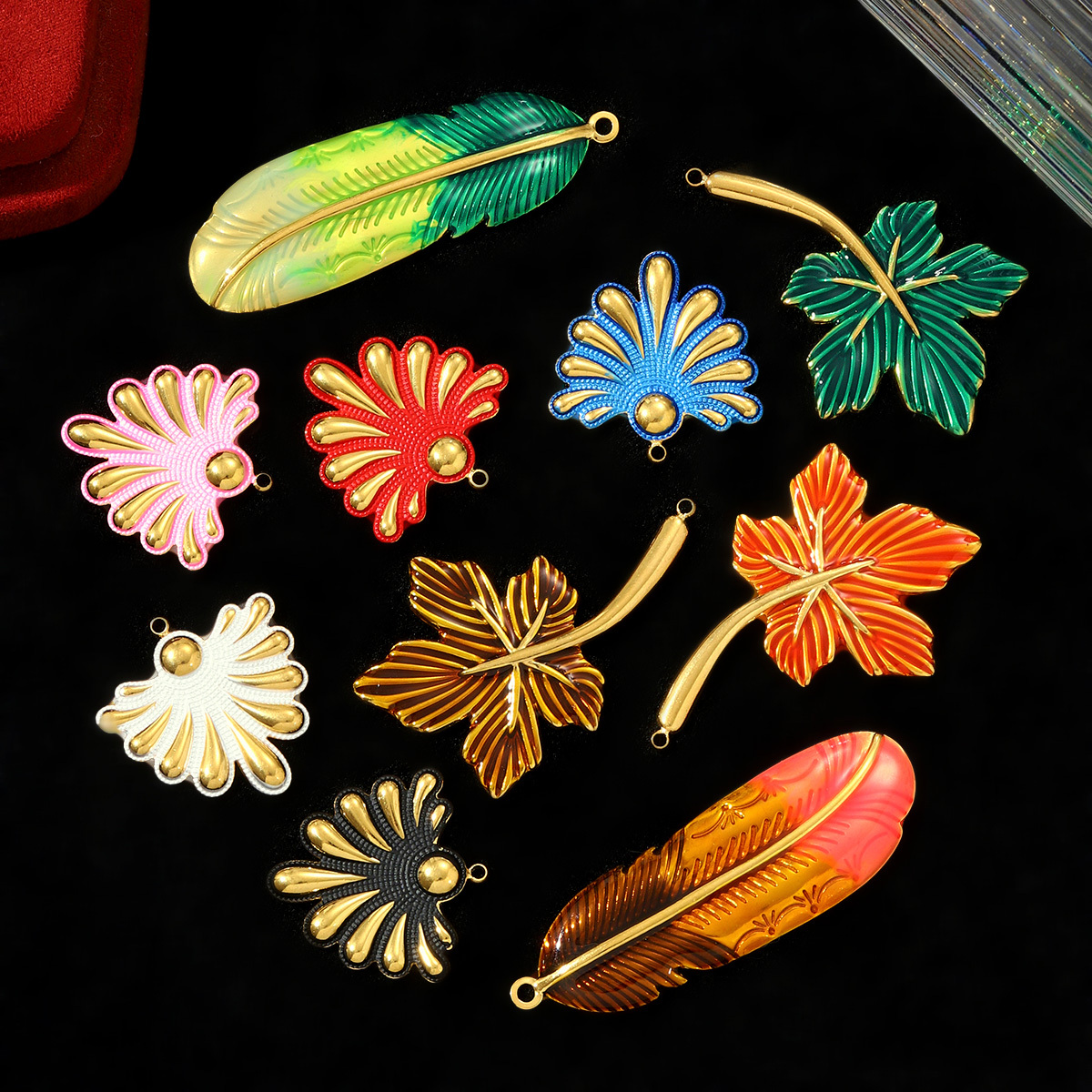 6pcs/pack Large Stainless Steel Enamel Sector Fireworks Necklace Pendants Maple Leaf DIY Earrings Charms Women Feather Jewelry
