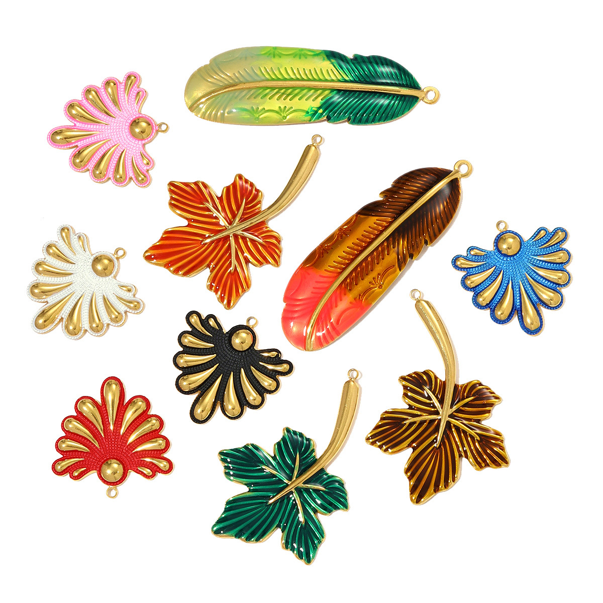 6pcs/pack Large Stainless Steel Enamel Sector Fireworks Necklace Pendants Maple Leaf DIY Earrings Charms Women Feather Jewelry