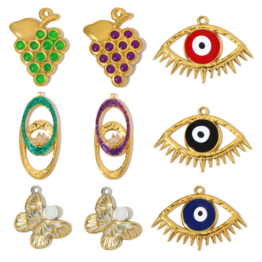 6pcs/pack Fashion Stainless Steel Enamel Grape Evil Eye Necklace Pendants Pearl Butterfly DIY Earrings Charms Women Geometric Jewelry