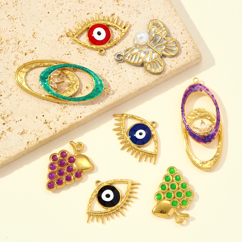 6pcs/pack Fashion Stainless Steel Enamel Grape Evil Eye Necklace Pendants Pearl Butterfly DIY Earrings Charms Women Geometric Jewelry