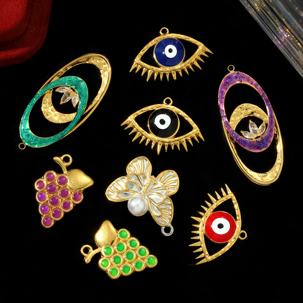 6pcs/pack Fashion Stainless Steel Enamel Grape Evil Eye Necklace Pendants Pearl Butterfly DIY Earrings Charms Women Geometric Jewelry