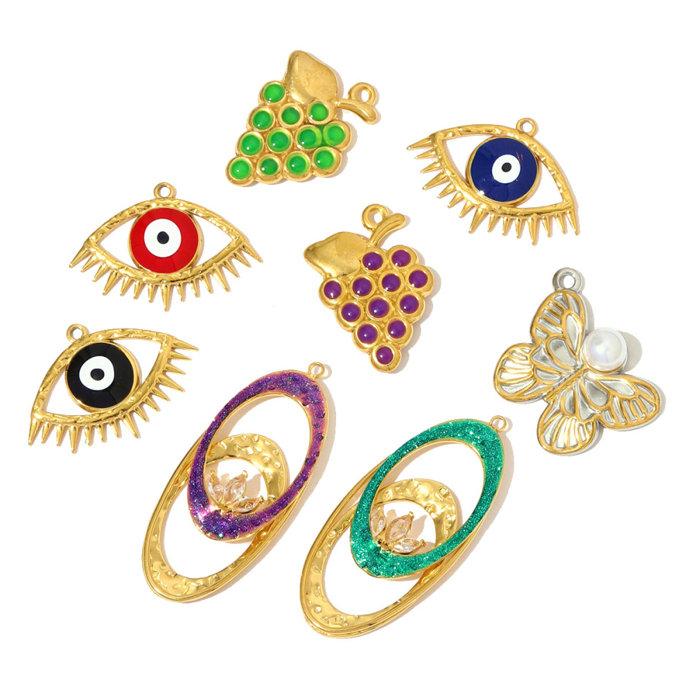 6pcs/pack Fashion Stainless Steel Enamel Grape Evil Eye Necklace Pendants Pearl Butterfly DIY Earrings Charms Women Geometric Jewelry