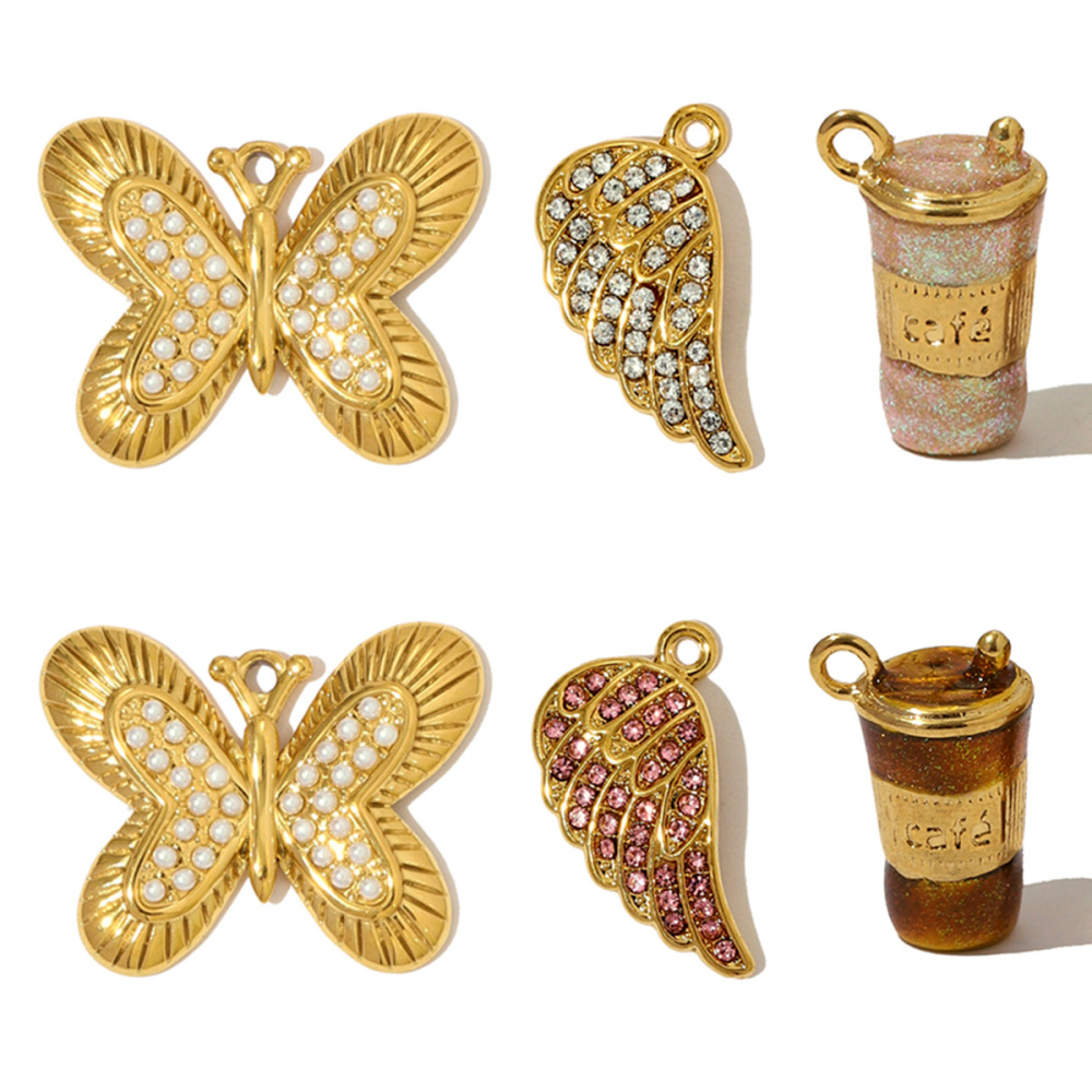 6pcs/pack Fashion Stainless Steel Rhinestone Butterfly Necklace Pendants 3D Coffee Cup DIY Earring Charms Women Jewelry Wholesale