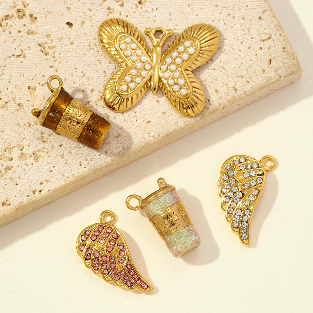 6pcs/pack Fashion Stainless Steel Rhinestone Butterfly Necklace Pendants 3D Coffee Cup DIY Earring Charms Women Jewelry Wholesale
