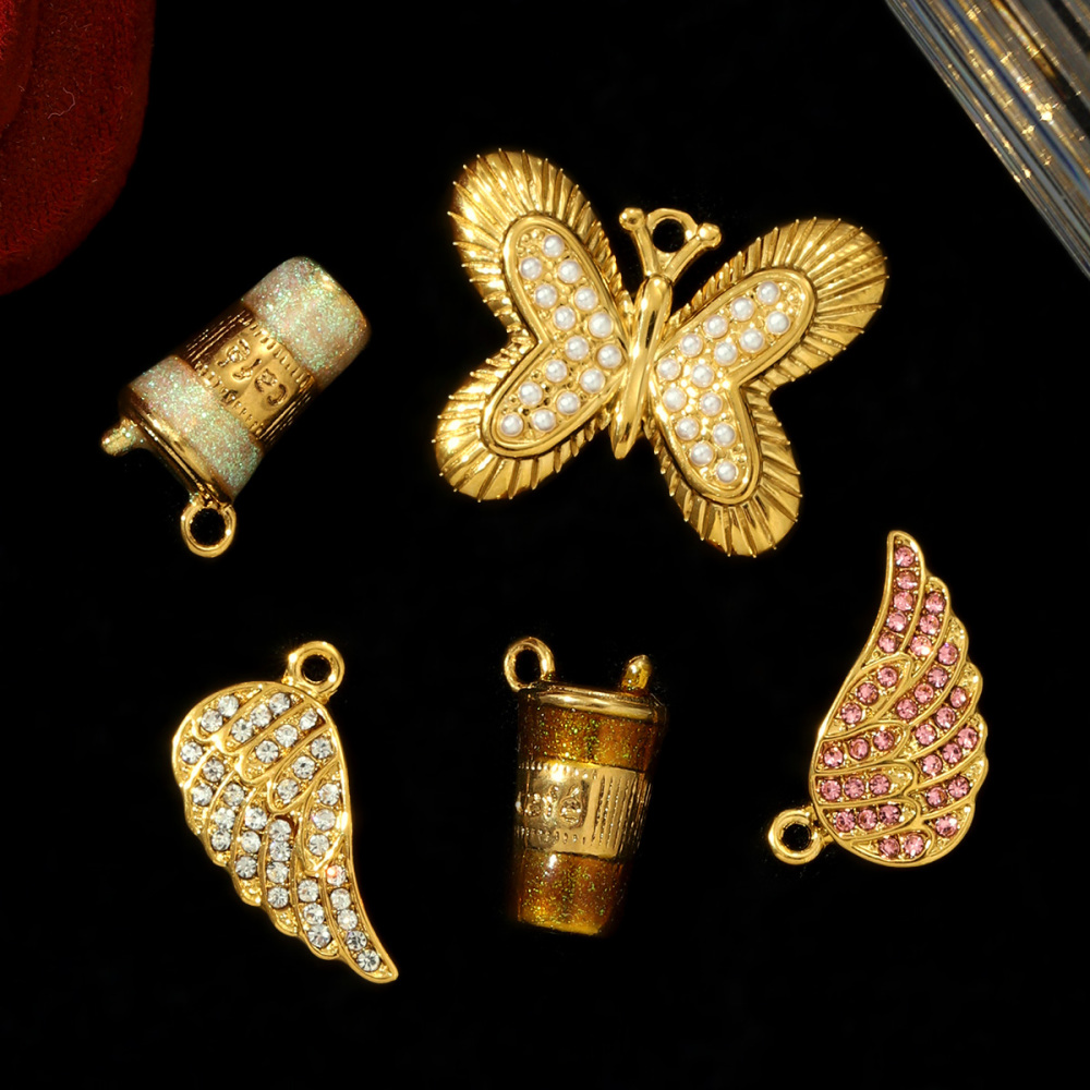 6pcs/pack Fashion Stainless Steel Rhinestone Butterfly Necklace Pendants 3D Coffee Cup DIY Earring Charms Women Jewelry Wholesale