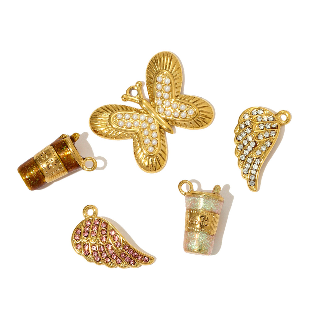 6pcs/pack Fashion Stainless Steel Rhinestone Butterfly Necklace Pendants 3D Coffee Cup DIY Earring Charms Women Jewelry Wholesale