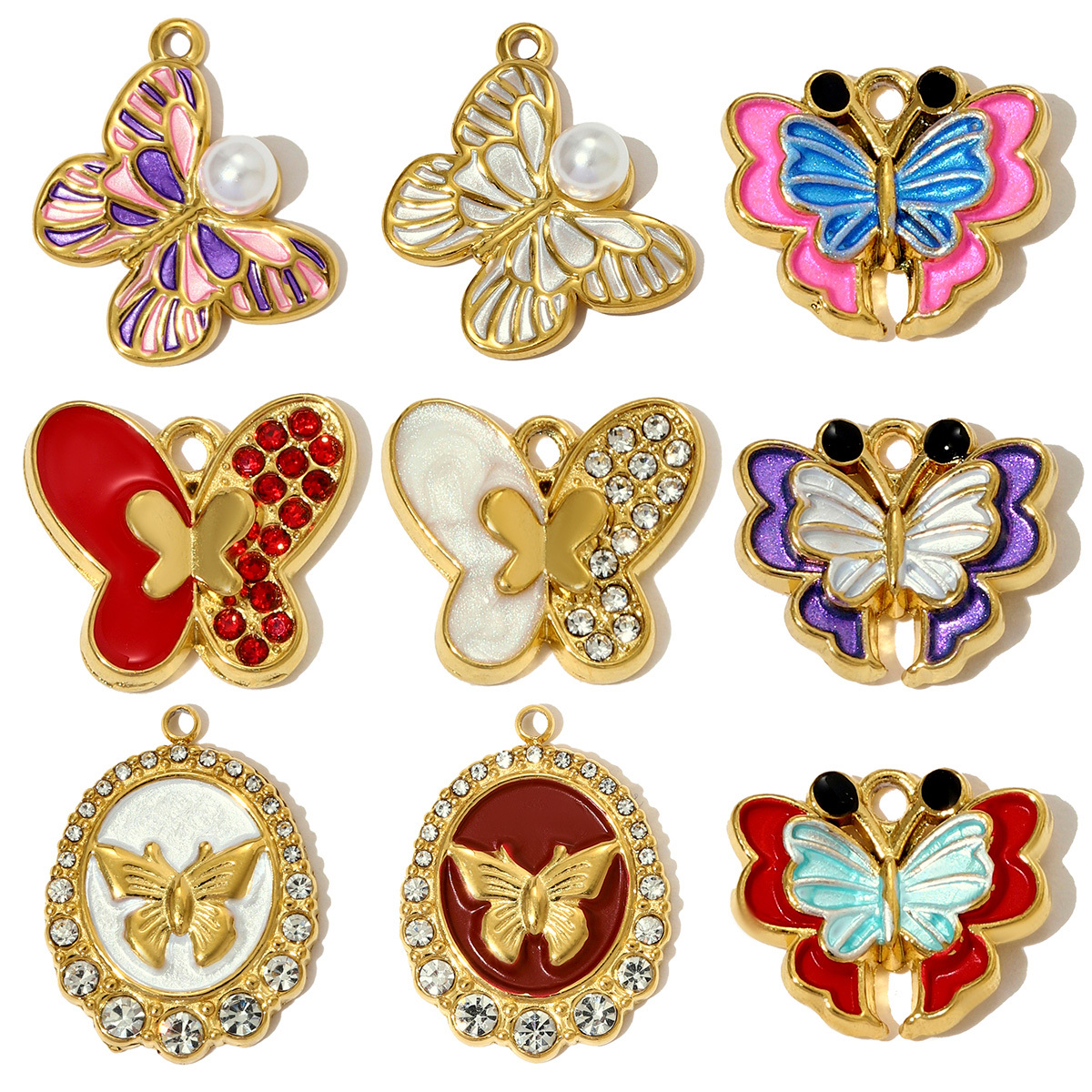 6pcs/pack French Retro Stainless Steel Enamel Butterfly Necklace Pendants Rhinestone Pearl  DIY Earring Charms Women Round Jewelry