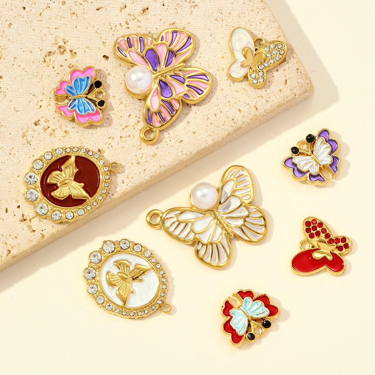 6pcs/pack French Retro Stainless Steel Enamel Butterfly Necklace Pendants Rhinestone Pearl  DIY Earring Charms Women Round Jewelry