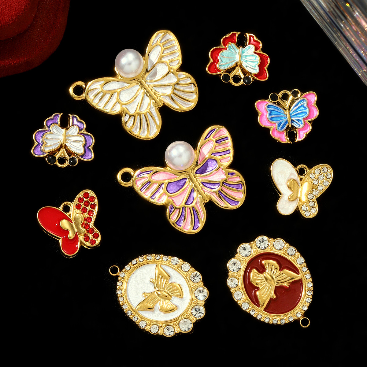 6pcs/pack French Retro Stainless Steel Enamel Butterfly Necklace Pendants Rhinestone Pearl  DIY Earring Charms Women Round Jewelry