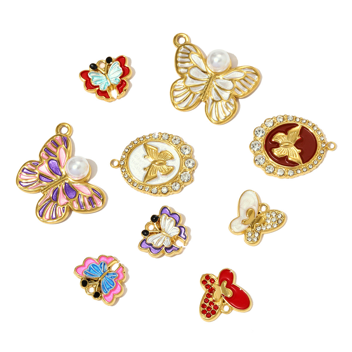 6pcs/pack French Retro Stainless Steel Enamel Butterfly Necklace Pendants Rhinestone Pearl  DIY Earring Charms Women Round Jewelry