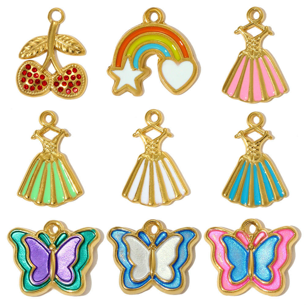 6pcs/pack  Stainless Steel Enamel Princess Dress Necklace Pendants Rainbow Butterfly Cherry DIY Earring Charms Women Star Jewelry