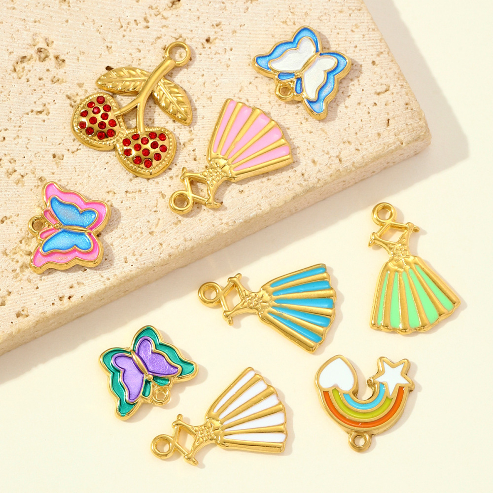 6pcs/pack  Stainless Steel Enamel Princess Dress Necklace Pendants Rainbow Butterfly Cherry DIY Earring Charms Women Star Jewelry