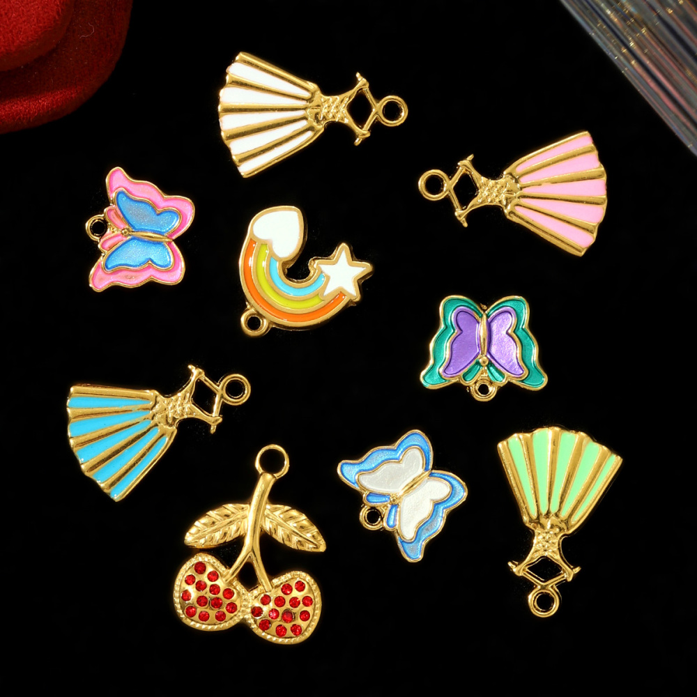6pcs/pack  Stainless Steel Enamel Princess Dress Necklace Pendants Rainbow Butterfly Cherry DIY Earring Charms Women Star Jewelry