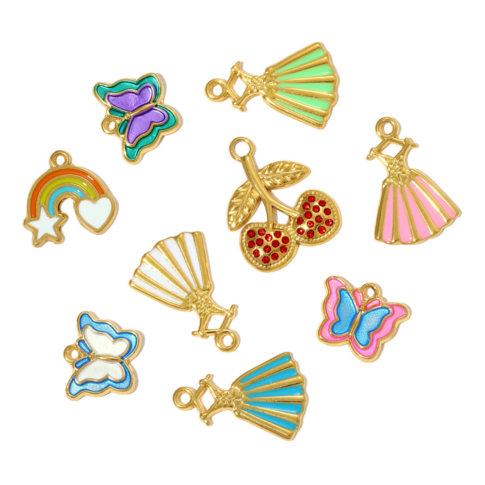 6pcs/pack  Stainless Steel Enamel Princess Dress Necklace Pendants Rainbow Butterfly Cherry DIY Earring Charms Women Star Jewelry