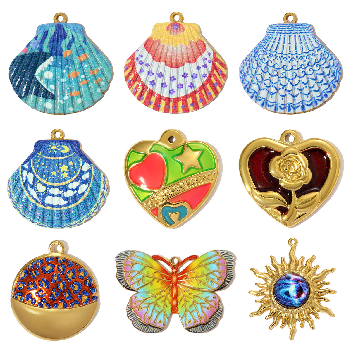 6pcs/pack Nice Stainless Steel Painted Shell Sun Necklace Pendants Rose Love Heart DIY Earring Charms Women Enamel Butterfly Jewelry