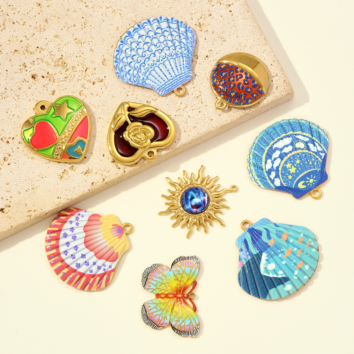 6pcs/pack Nice Stainless Steel Painted Shell Sun Necklace Pendants Rose Love Heart DIY Earring Charms Women Enamel Butterfly Jewelry