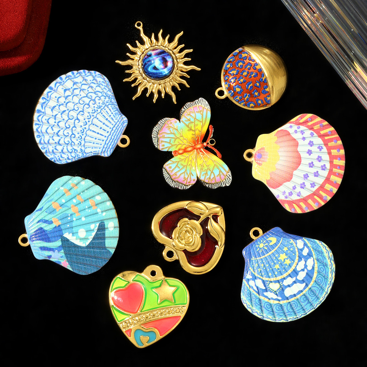 6pcs/pack Nice Stainless Steel Painted Shell Sun Necklace Pendants Rose Love Heart DIY Earring Charms Women Enamel Butterfly Jewelry