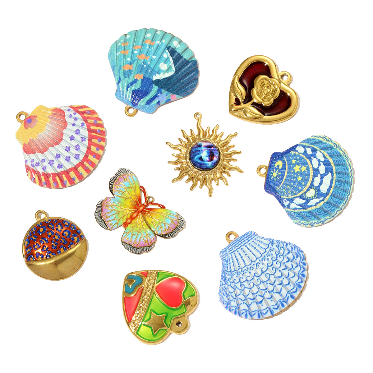 6pcs/pack Nice Stainless Steel Painted Shell Sun Necklace Pendants Rose Love Heart DIY Earring Charms Women Enamel Butterfly Jewelry