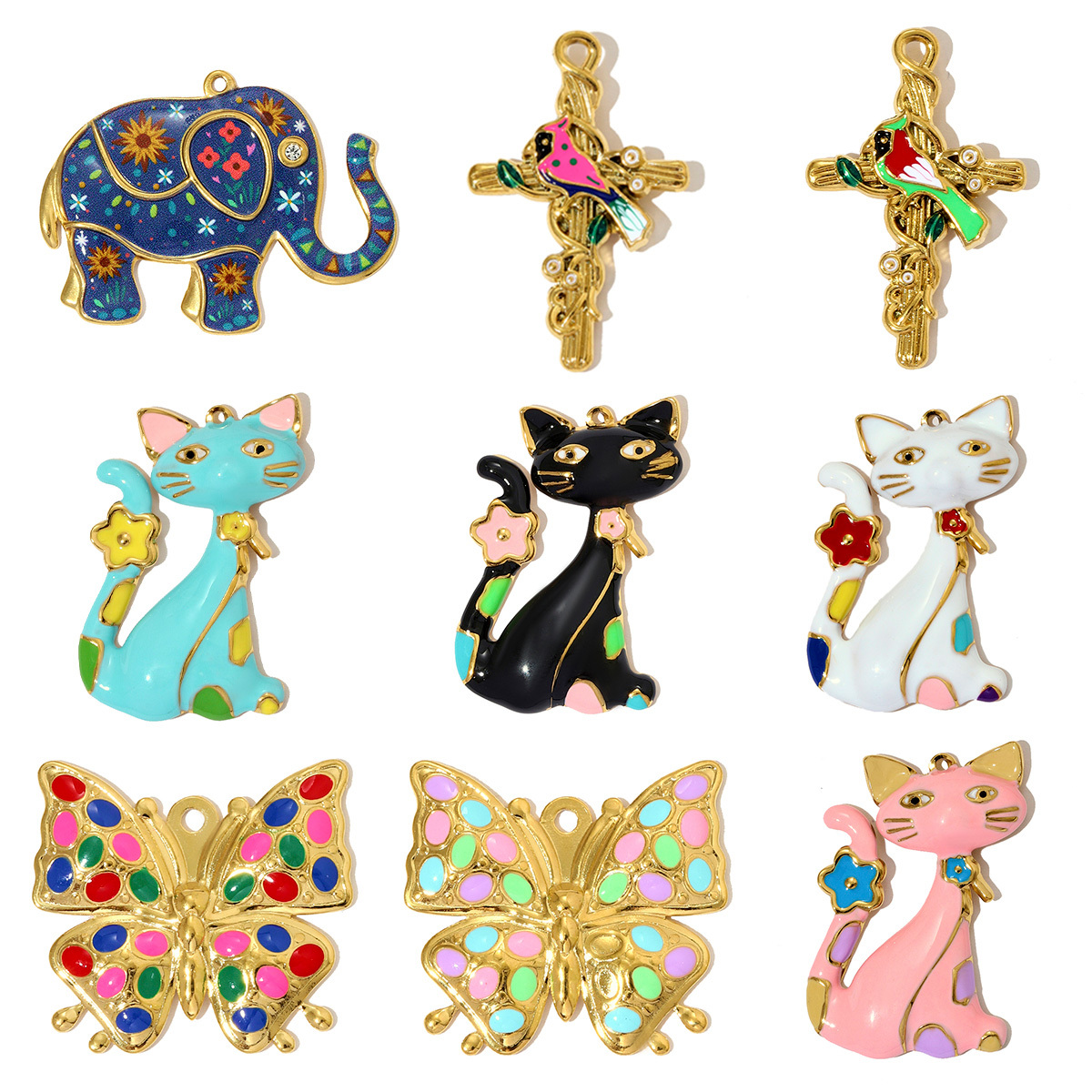 6pcs/pack Cute Stainless Steel Painted Elephant Cat Necklace Pendants Enamel Parrot Cross DIY Earring Charms Women Butterfly Jewelry