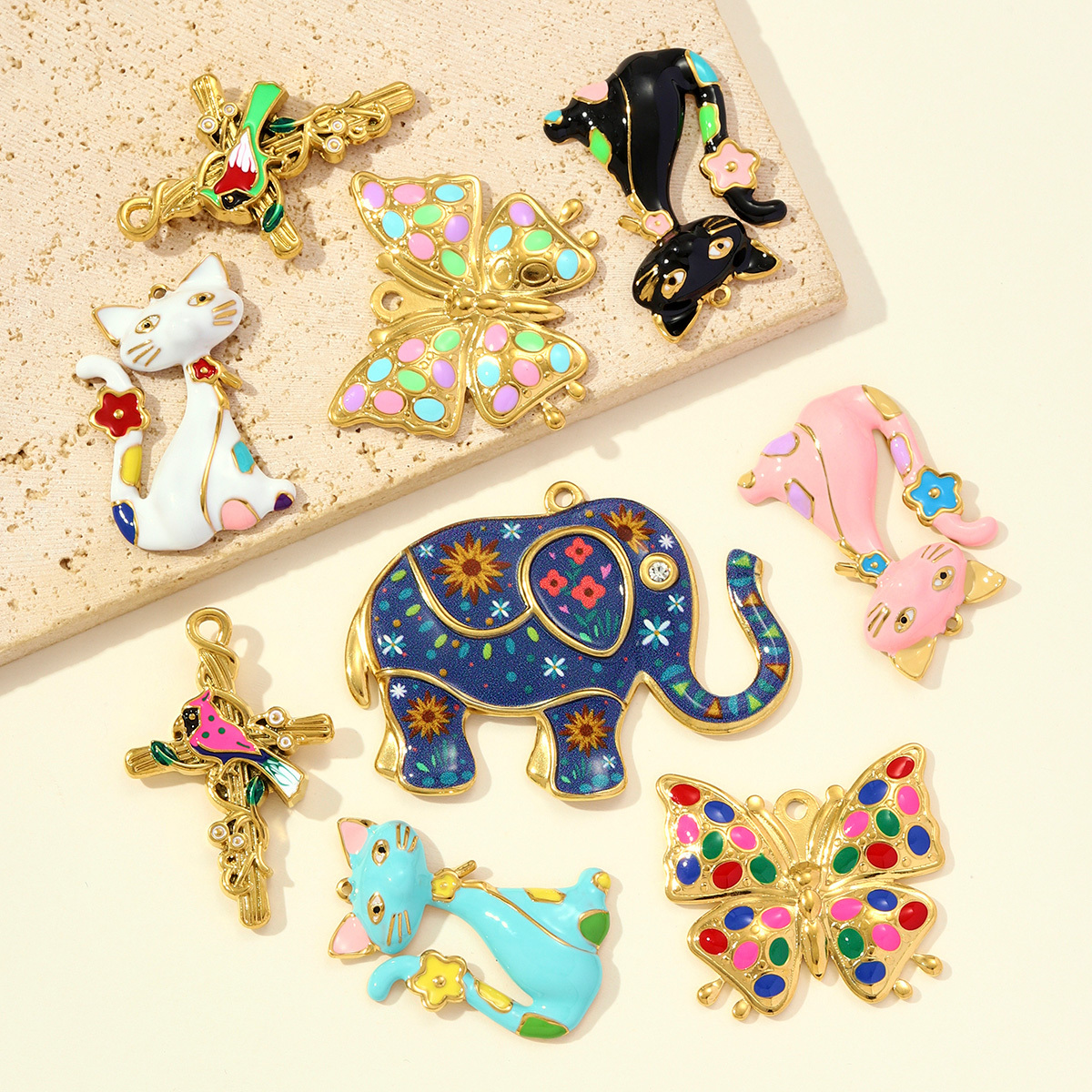 6pcs/pack Cute Stainless Steel Painted Elephant Cat Necklace Pendants Enamel Parrot Cross DIY Earring Charms Women Butterfly Jewelry