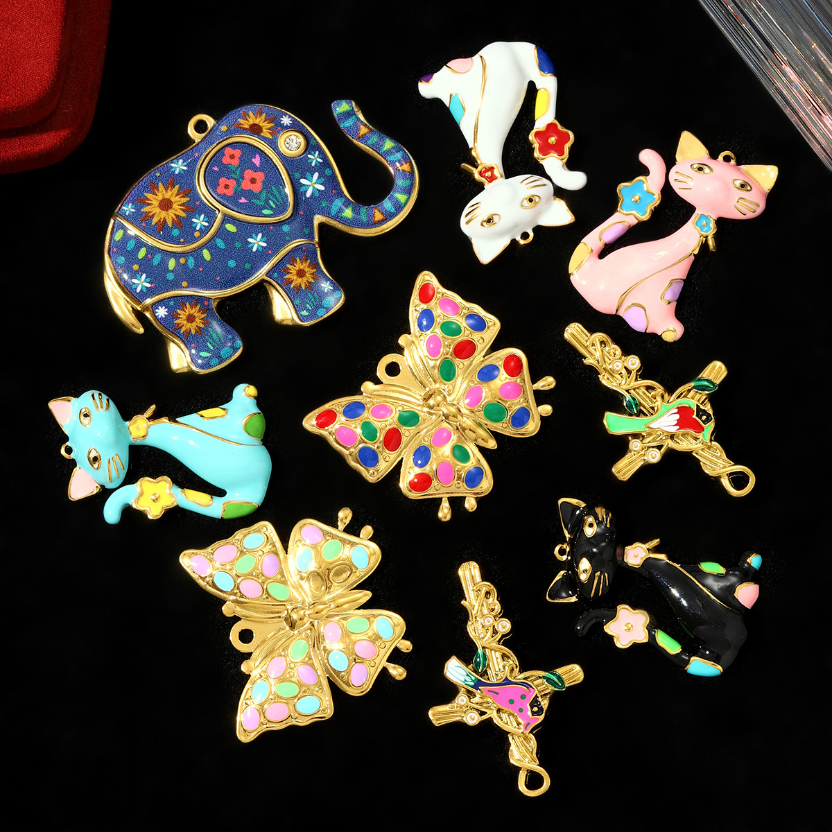 6pcs/pack Cute Stainless Steel Painted Elephant Cat Necklace Pendants Enamel Parrot Cross DIY Earring Charms Women Butterfly Jewelry