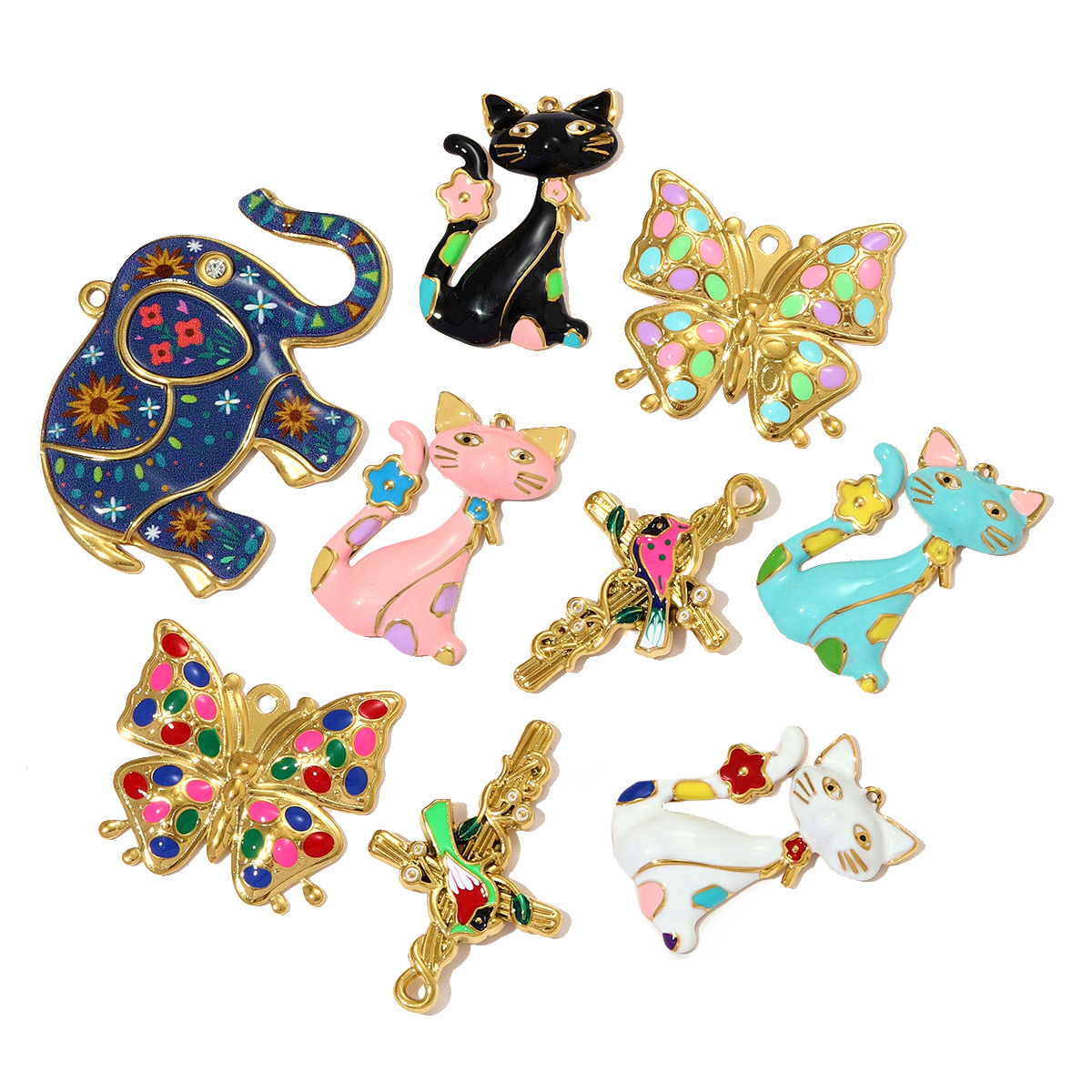 6pcs/pack Cute Stainless Steel Painted Elephant Cat Necklace Pendants Enamel Parrot Cross DIY Earring Charms Women Butterfly Jewelry