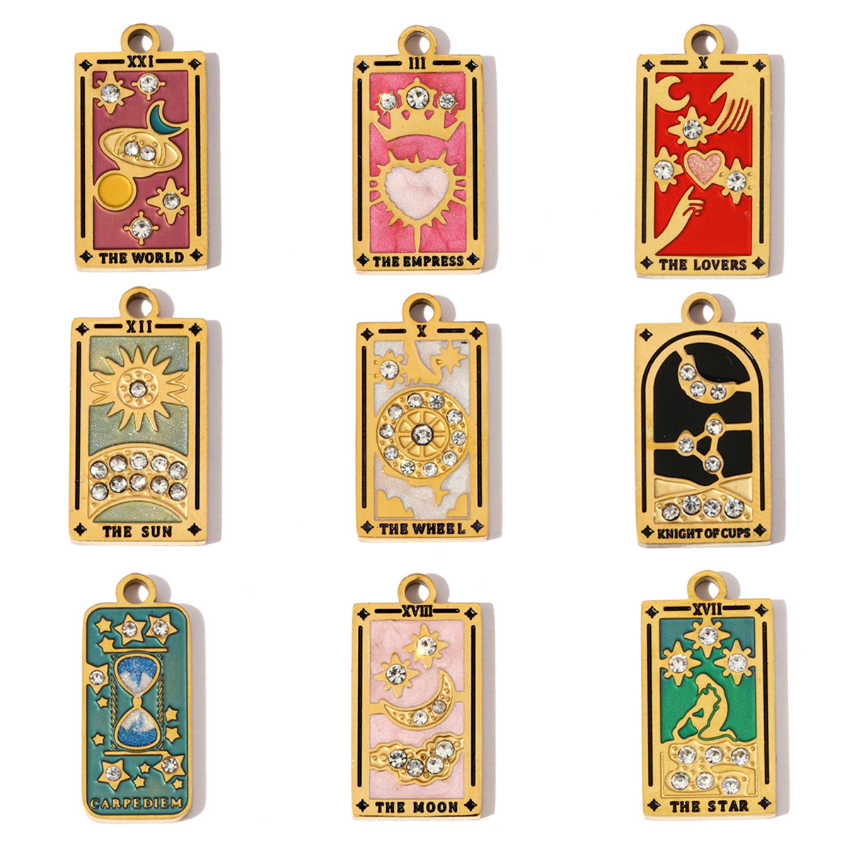 6pcs/pack Stainless Steel Enamel Tarot Cards Necklace Pendants Hourglass Eye Crown DIY Charms Women Moon Sun Star Jewelry