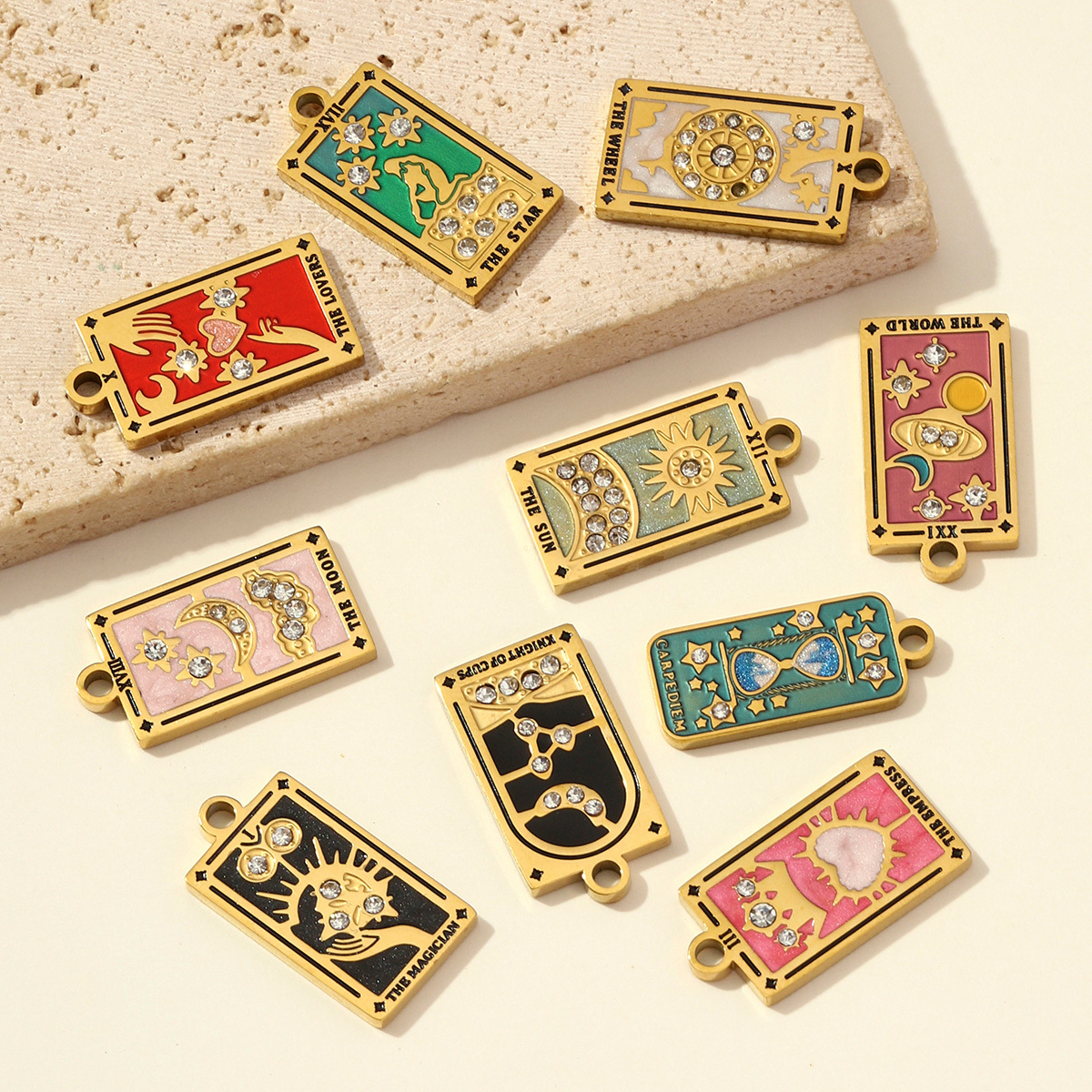 6pcs/pack Stainless Steel Enamel Tarot Cards Necklace Pendants Hourglass Eye Crown DIY Charms Women Moon Sun Star Jewelry