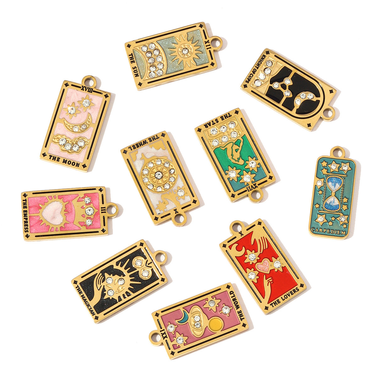 6pcs/pack Stainless Steel Enamel Tarot Cards Necklace Pendants Hourglass Eye Crown DIY Charms Women Moon Sun Star Jewelry