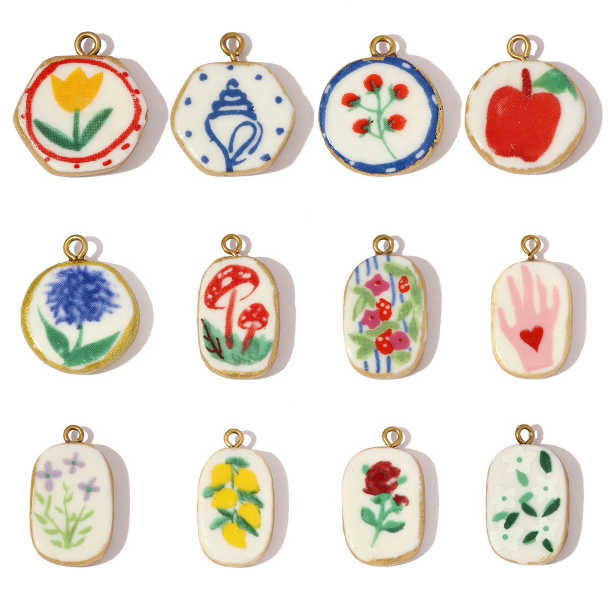 6pcs/pack Stainless Steel Colored Ceramic Dandelion Necklace Pendants Flower Mushroom Leaf DIY Charms Women Chili Apple Jewelry