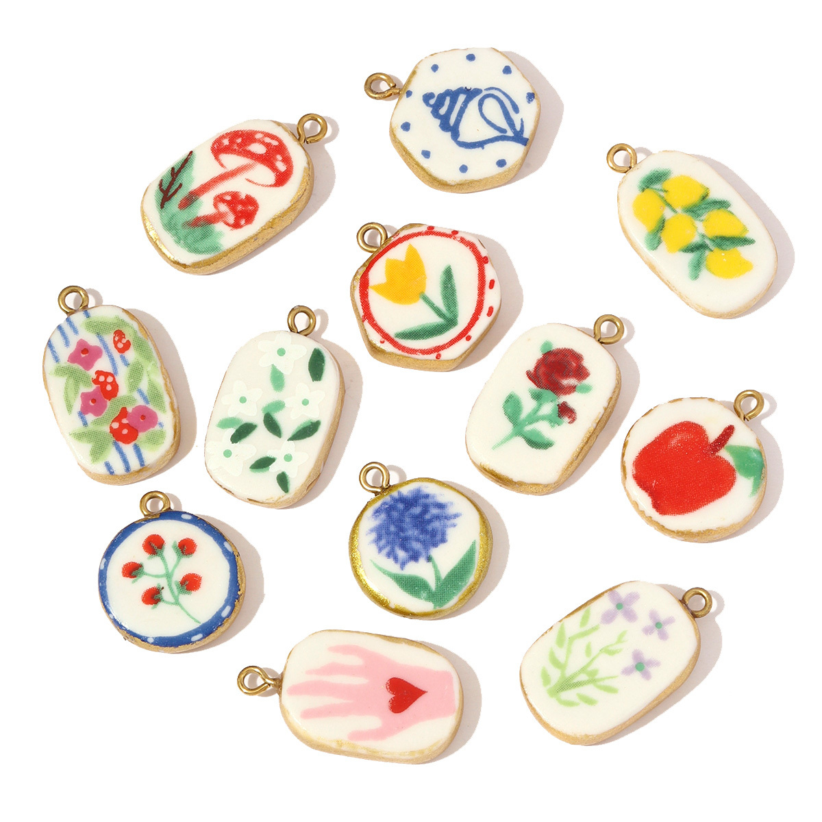 6pcs/pack Stainless Steel Colored Ceramic Dandelion Necklace Pendants Flower Mushroom Leaf DIY Charms Women Chili Apple Jewelry