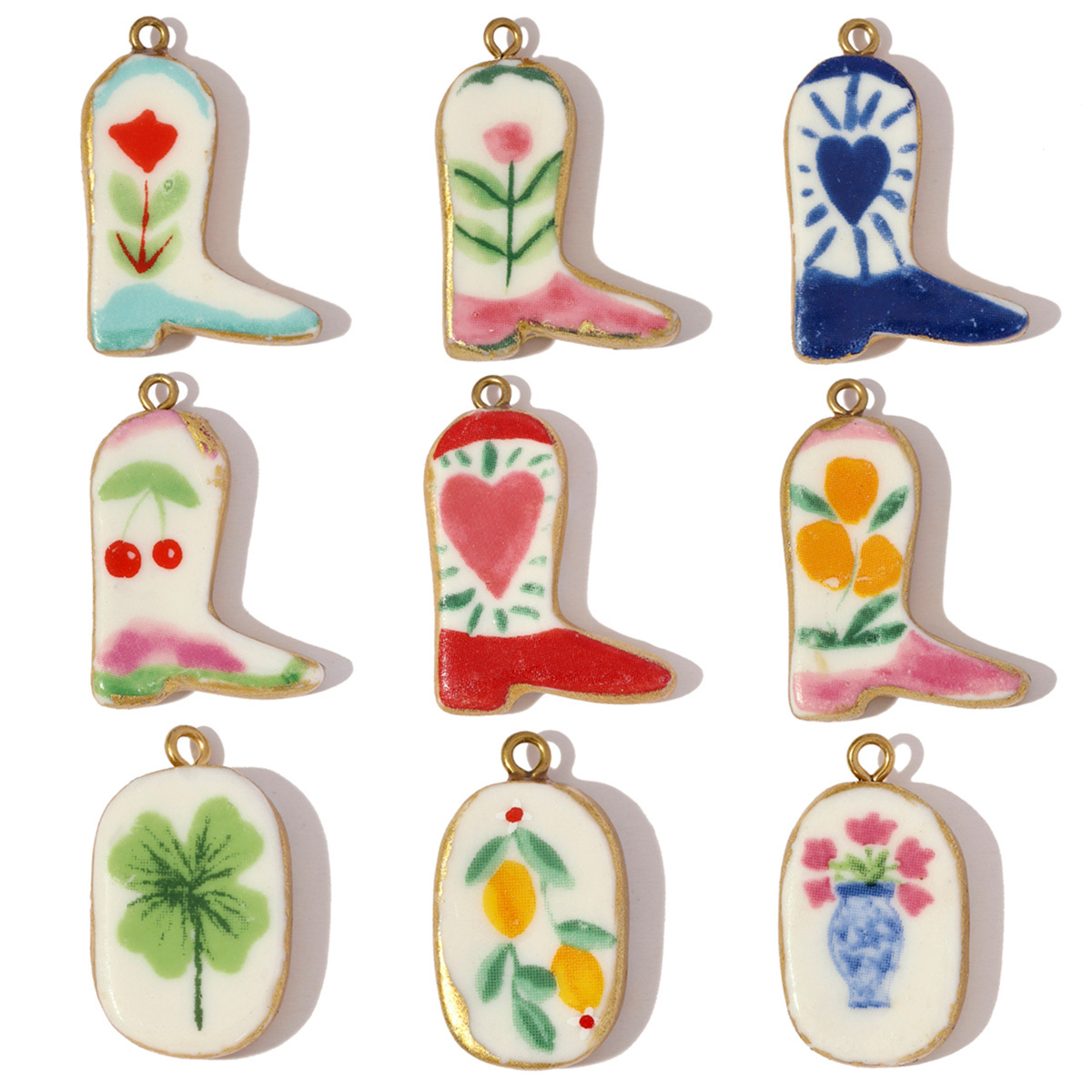 6pcs/pack Stainless Steel Colored Ceramic Boot Necklace Pendants Clover Rose Pear DIY Charms Women Flower Vase Heart Jewelry