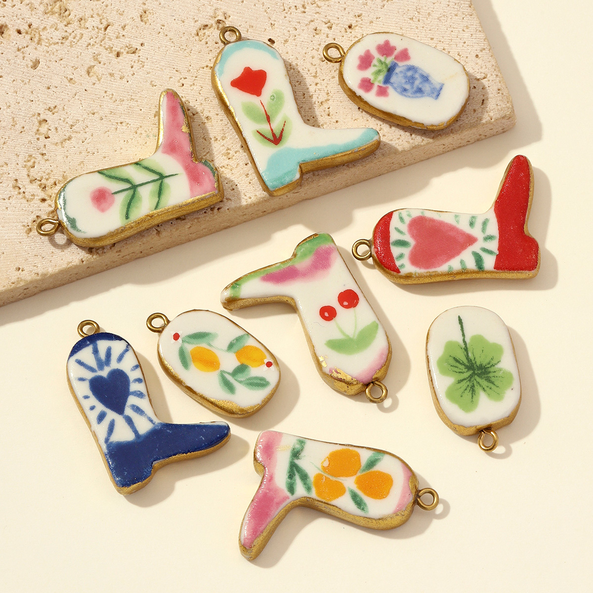 6pcs/pack Stainless Steel Colored Ceramic Boot Necklace Pendants Clover Rose Pear DIY Charms Women Flower Vase Heart Jewelry