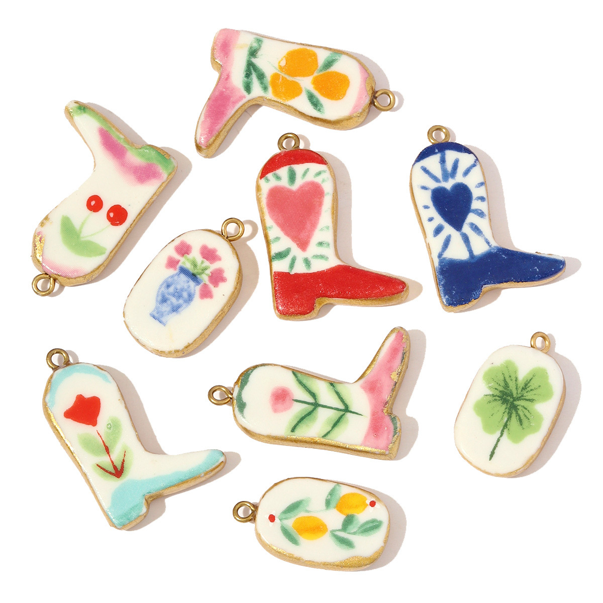 6pcs/pack Stainless Steel Colored Ceramic Boot Necklace Pendants Clover Rose Pear DIY Charms Women Flower Vase Heart Jewelry