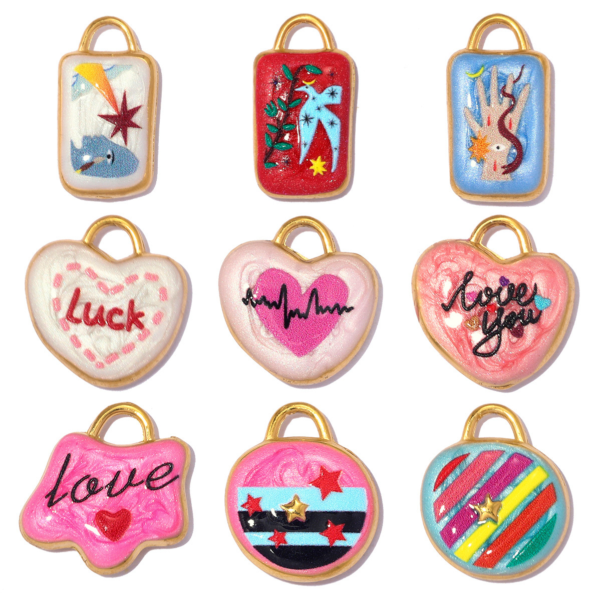 6pcs/pack Stainless Steel Colorful Luck Heart Star DIY Charms Elephant Bird Necklace Pendant Woman Quicksand Style Jewelry Wholesale