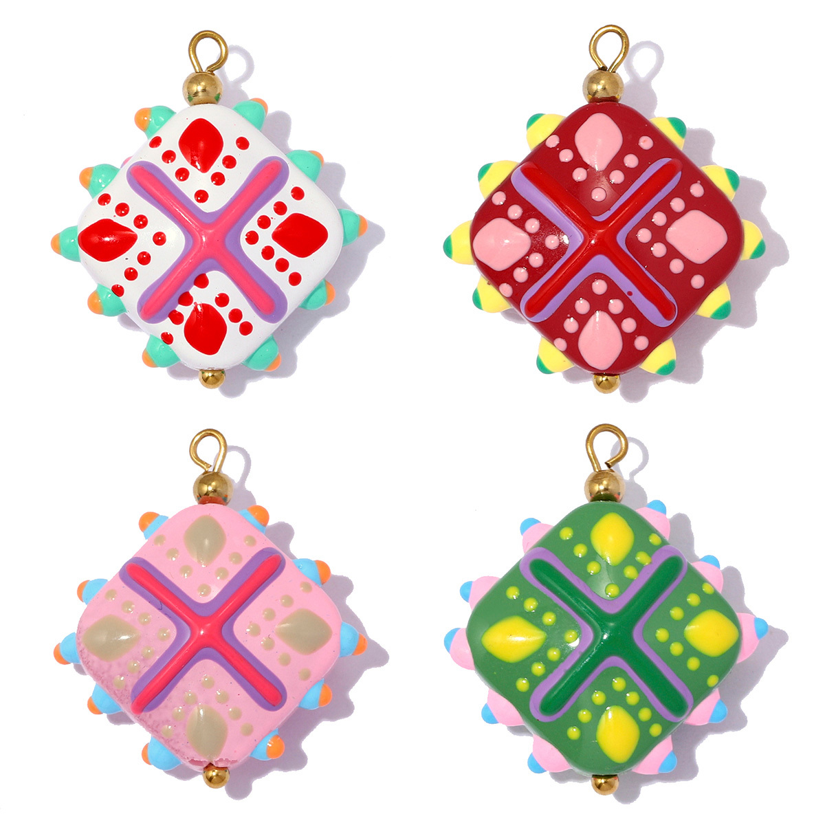 6pcs/pack Stainless Steel Coloured Glaze Polka Dot DIY Earring Charms Flower Square Necklace Pendant Woman Spring Jewelry