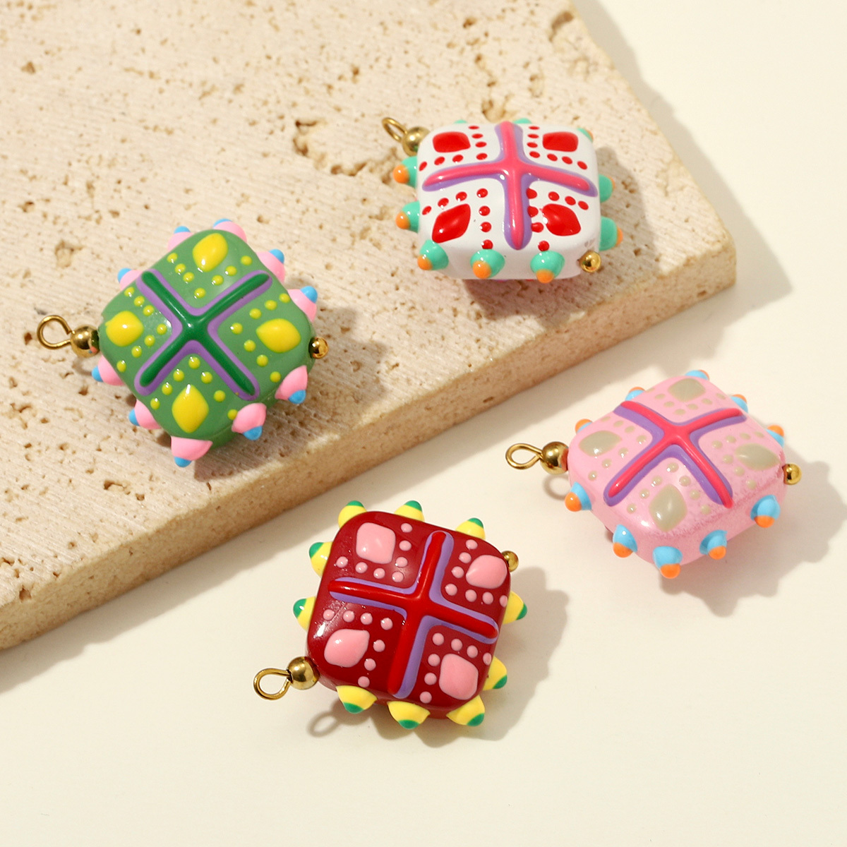 6pcs/pack Stainless Steel Coloured Glaze Polka Dot DIY Earring Charms Flower Square Necklace Pendant Woman Spring Jewelry