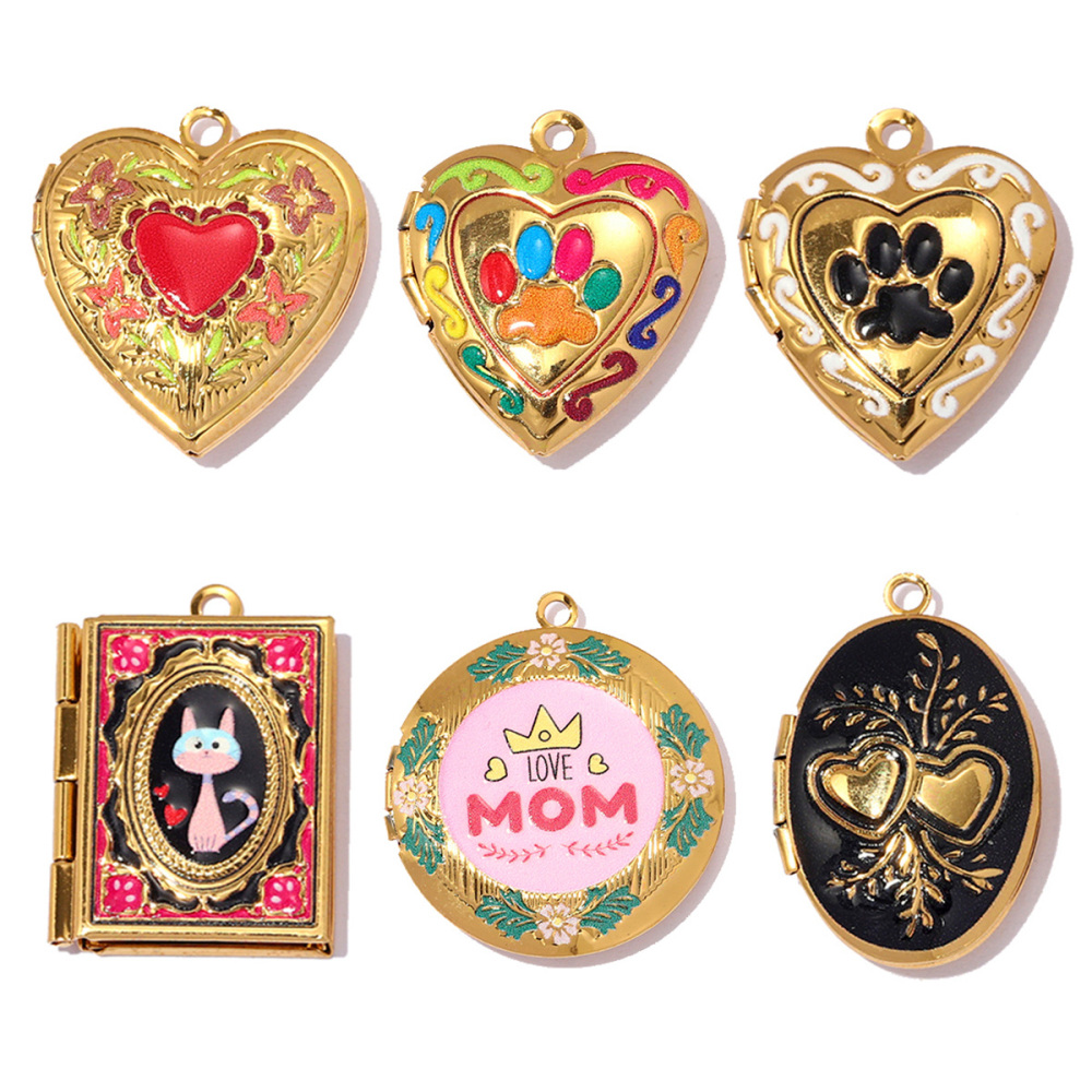 6pcs/pack Stainless Steel Colorful Cat Paw Locket Charms Love Mom Heart Picture Box Necklace Pendant Woman Mother's Gift Jewelry