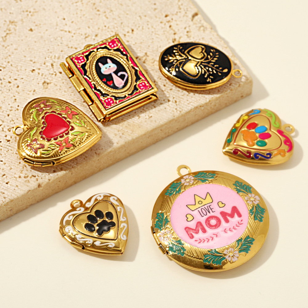 6pcs/pack Stainless Steel Colorful Cat Paw Locket Charms Love Mom Heart Picture Box Necklace Pendant Woman Mother's Gift Jewelry
