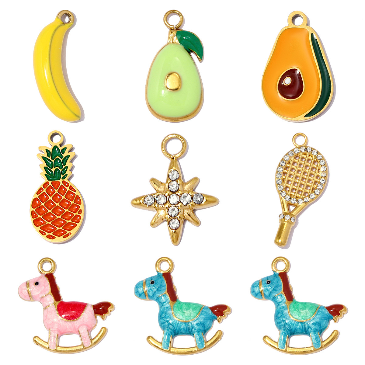 6pcs/pack Stainless Steel Star Tennis Racket DIY Charms Pineapple Papaya Fruit Necklace Pendant Woman Rocking Horse Jewelry