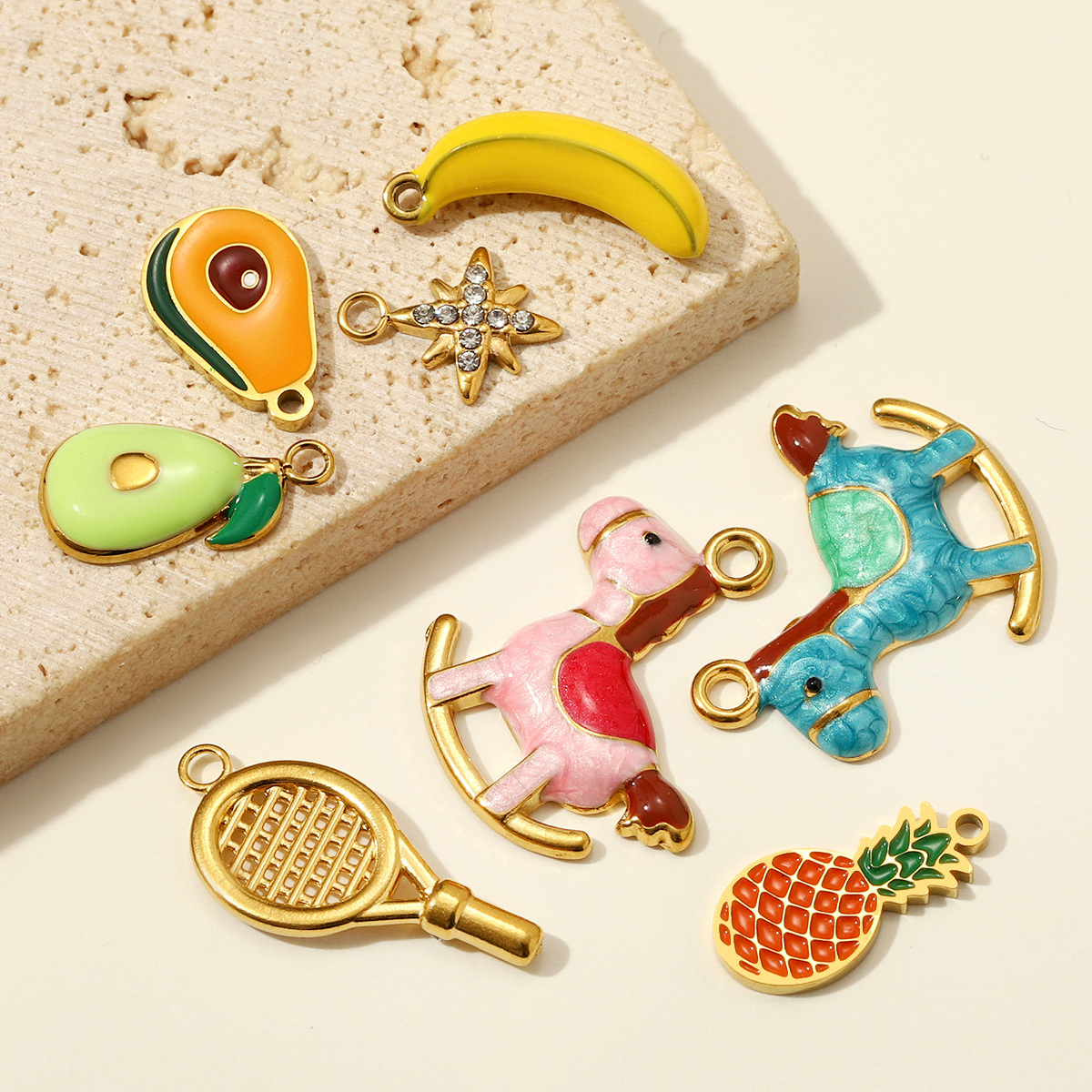 6pcs/pack Stainless Steel Star Tennis Racket DIY Charms Pineapple Papaya Fruit Necklace Pendant Woman Rocking Horse Jewelry