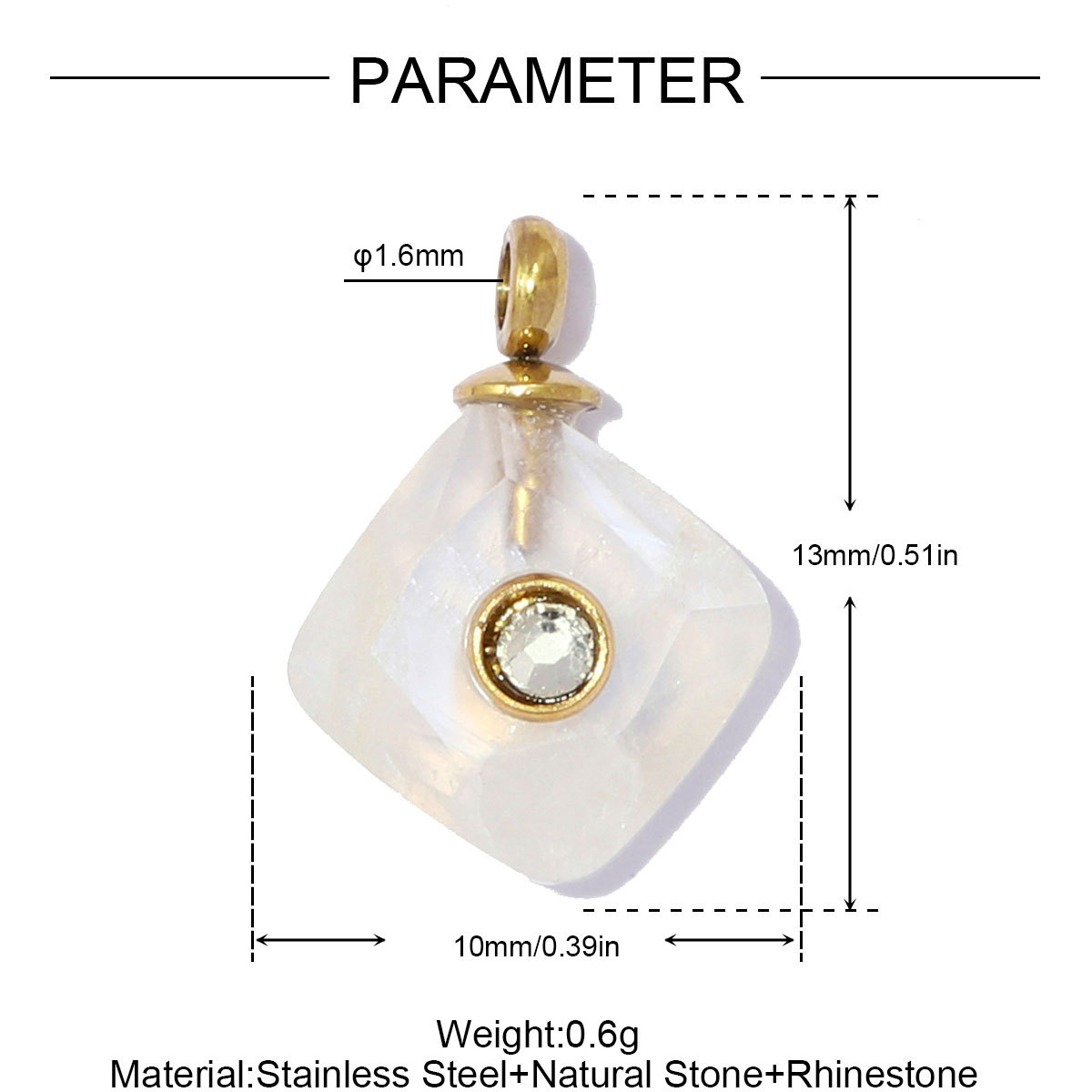 6pcs/pack French Stainless Steel Natural Stone Geometric DIY Charm Square Amethyst Necklace Pendant Woman Rhinestone Jewelry