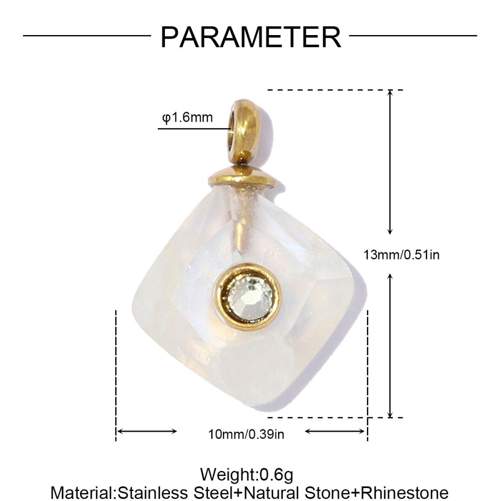 6pcs/pack French Stainless Steel Natural Stone Geometric DIY Charm Square Amethyst Necklace Pendant Woman Rhinestone Jewelry