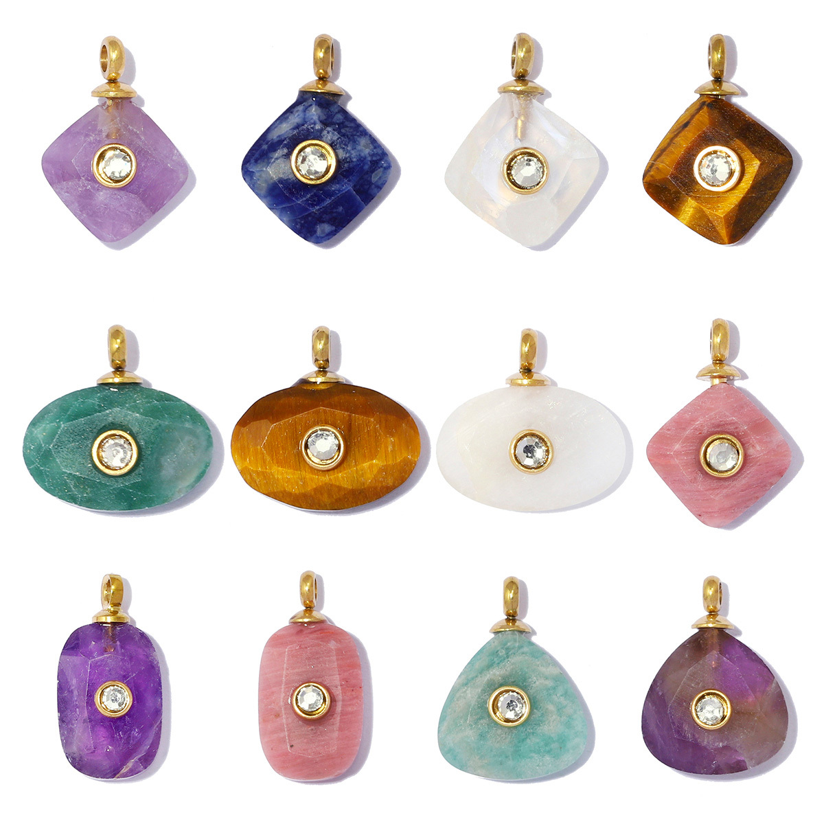 6pcs/pack French Stainless Steel Natural Stone Geometric DIY Charm Square Amethyst Necklace Pendant Woman Rhinestone Jewelry