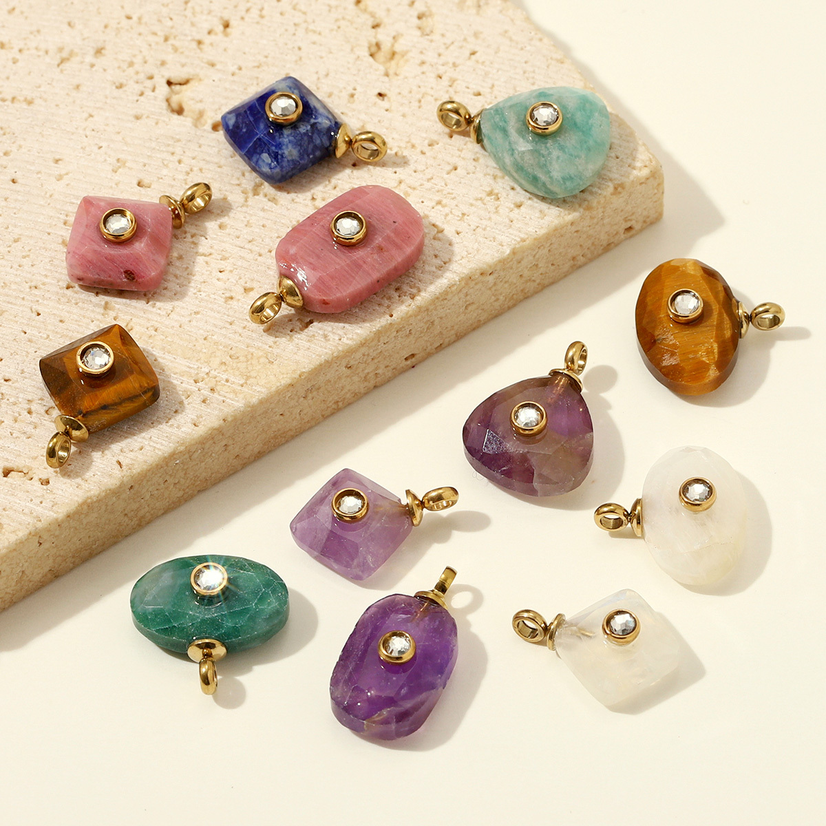 6pcs/pack French Stainless Steel Natural Stone Geometric DIY Charm Square Amethyst Necklace Pendant Woman Rhinestone Jewelry