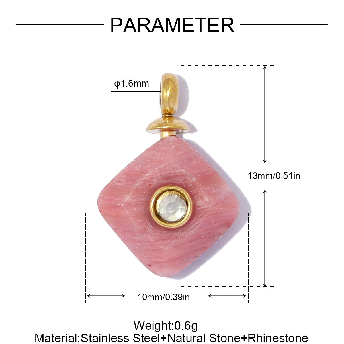 6pcs/pack French Stainless Steel Natural Stone Geometric DIY Charm Square Amethyst Necklace Pendant Woman Rhinestone Jewelry