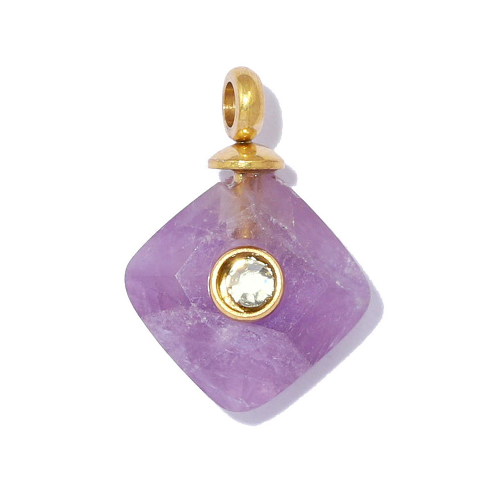 6pcs/pack French Stainless Steel Natural Stone Geometric DIY Charm Square Amethyst Necklace Pendant Woman Rhinestone Jewelry